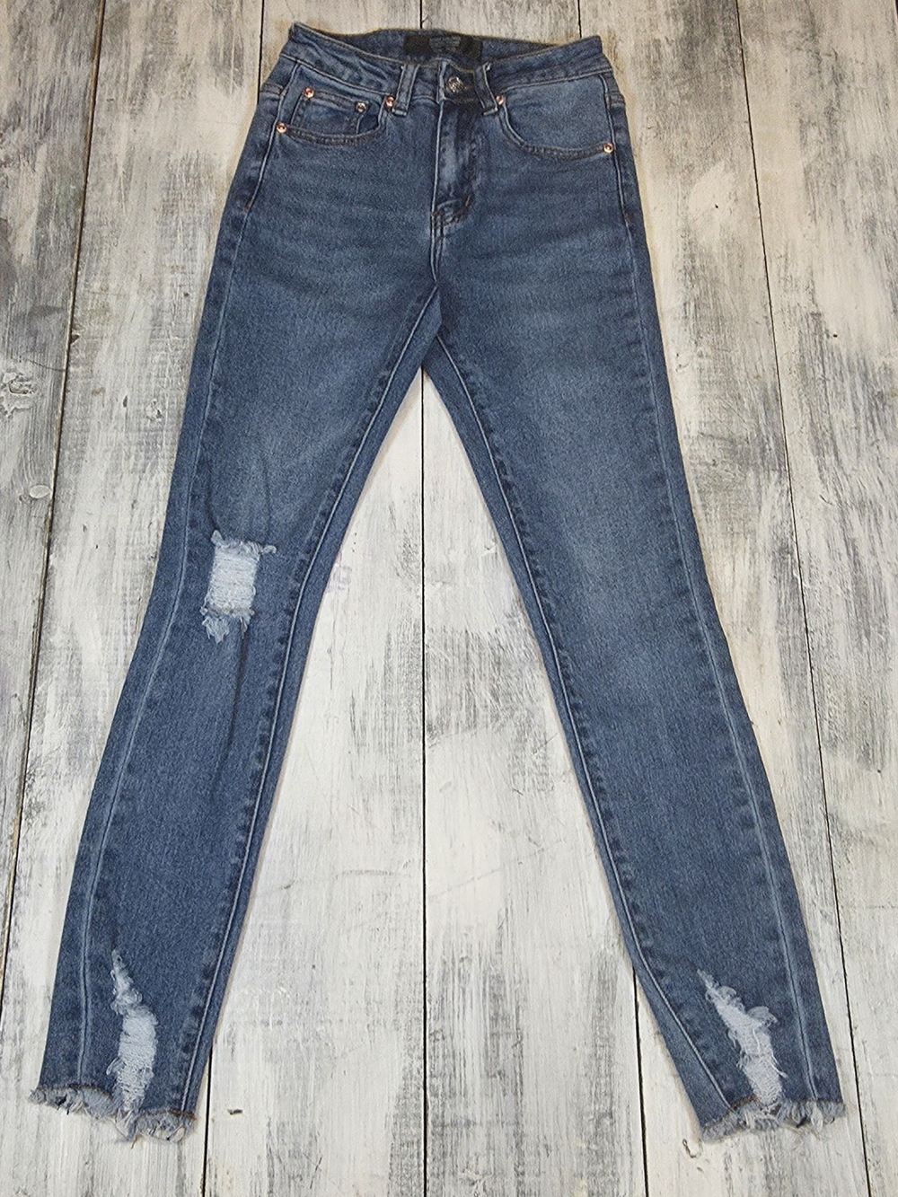 Monkey Ride Women's High-Rise Distressed Skinny Blue Jeans w Raw Hem sz 00